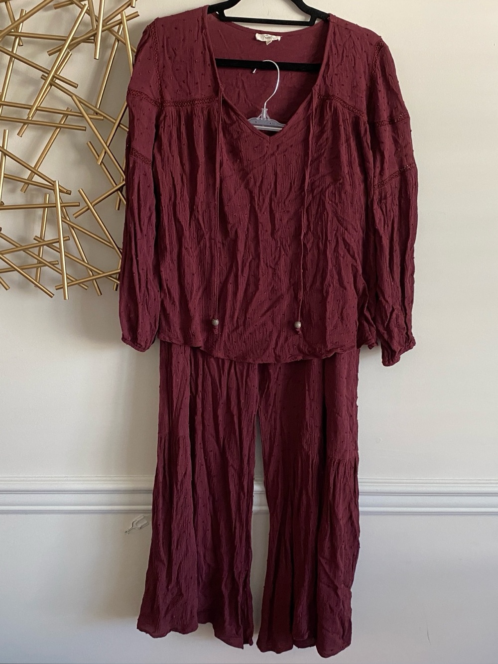 Easel Rose Pink Swiss Dot Bohemian Tiered Wide Leg Pant & Long Sleeve Top Set -L